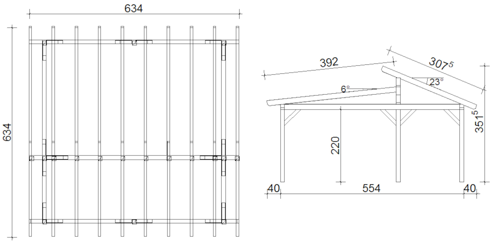 Pergola-Doppelpultdach 1305 634x634cm
